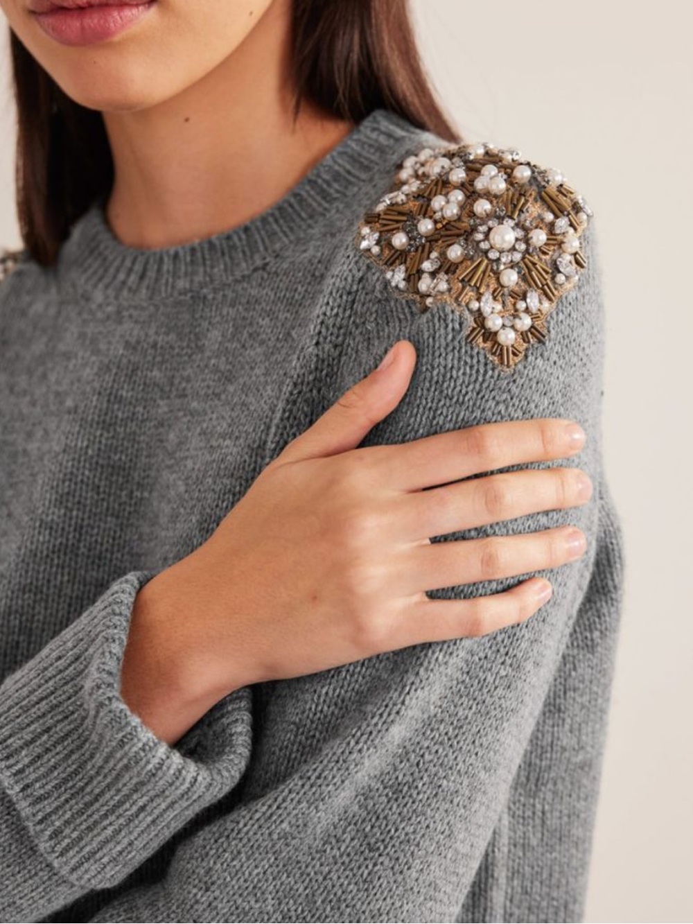 NWT Boden Grey Melange Embellished Pullover Sweater Size Medium